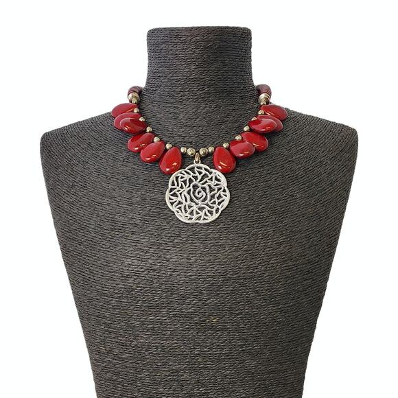 Handmade Chunky Red Coral Beaded Necklace | Statement Jewelry | Flower Pendant - Picture 3 of 5